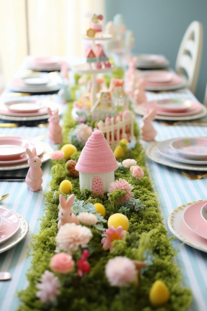 Go all out and create a fun and colorful Easter scene in the center of your table, like this table with soft moss in the center, pastel carnations, mini eggs, light pink ceramic rabbits and cute bunny houses with white fences.