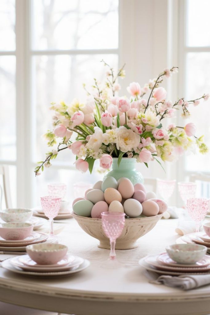 Make your centerpiece the star of the table with a large bouquet of pink and white flowers and greenery in a soft mint vase next to a large bowl full of pretty pastel Easter eggs.