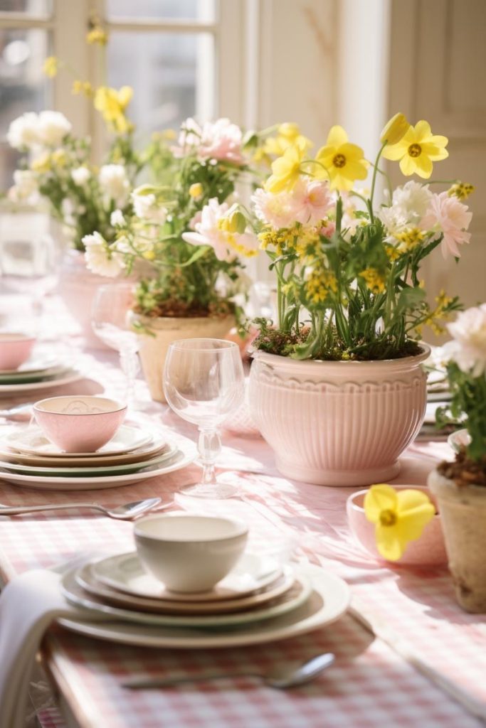 Bring nature to your table by choosing different matching vases for your Easter decorations, serving as planters with stems of yellow, white and pale pink flowers.