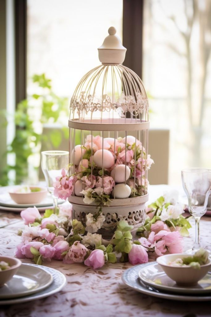 Go for pretty and romantic with this birdcage centerpiece filled with pink and white Easter eggs and pink and white flowers that also surround the base of the centerpiece.