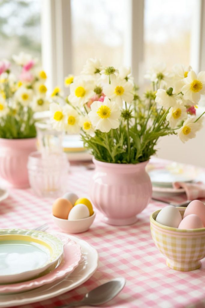 Set up a pretty pink Easter picnic table with a pink checkered tablecloth topped with pink vases filled with white daffodils and surrounded by yellow checkered and white bowls full of pastel Easter eggs.