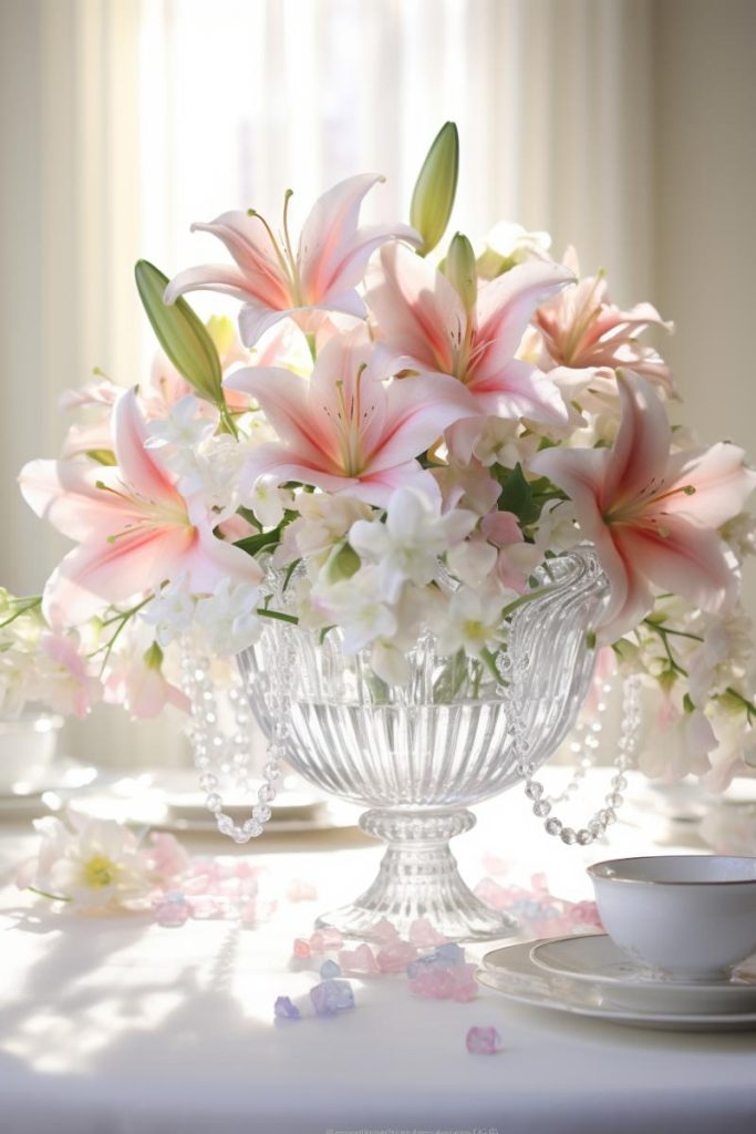 Create an elegant and refreshing centerpiece with tall and low crystal vases filled with a bouquet of stunning stargazers and daffodil flowers.