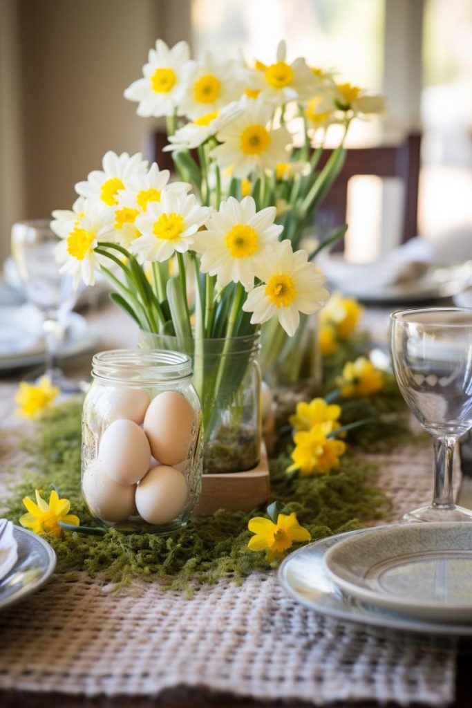 On this table, mason jars sit on a bed of moss decorated with yellow daffodils and filled with white daffodils and natural-colored Easter eggs.