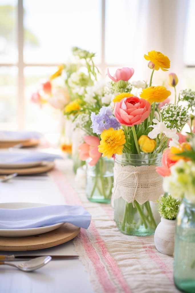         These simple Easter centerpieces are a pretty way to add color and warmth to your table. Simply use mason jars with thin burlap wrapped in the middle and filled with colorful flowers.