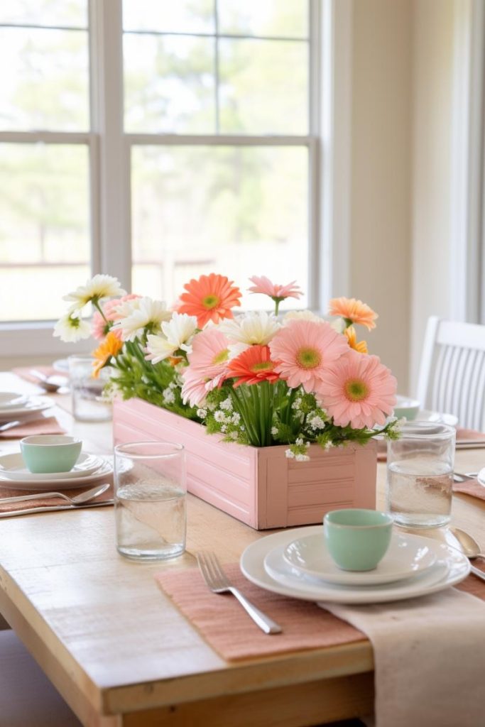 Nothing says spring quite like daisies, and this Easter party centerpiece takes cues from the sunny and refreshing vibe of these blooms with long boxes full of spring daisies and gypsophila.