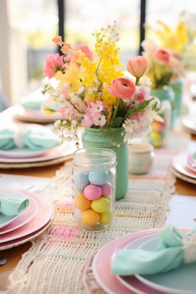 This table features bright teal bases filled with colorful spring bouquets and <a href=