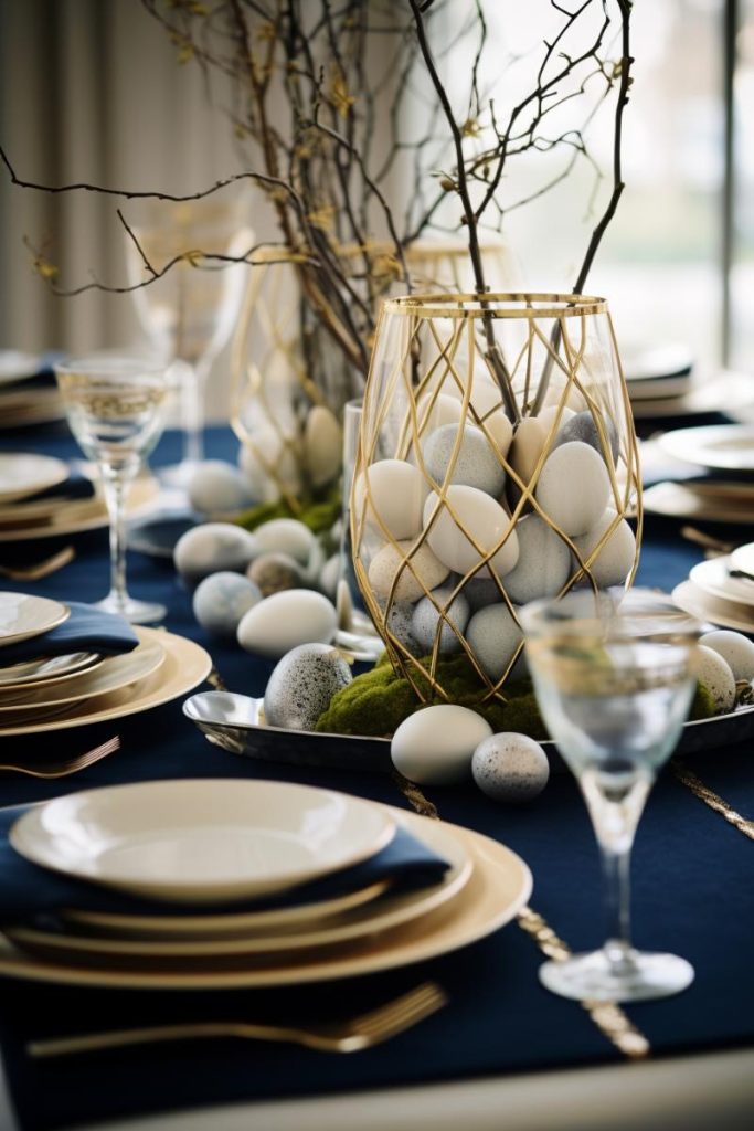 Navy blue tablescape with glass jars covered in metallic gold decor and filled with white and blue eggs in various hues and decorative branches