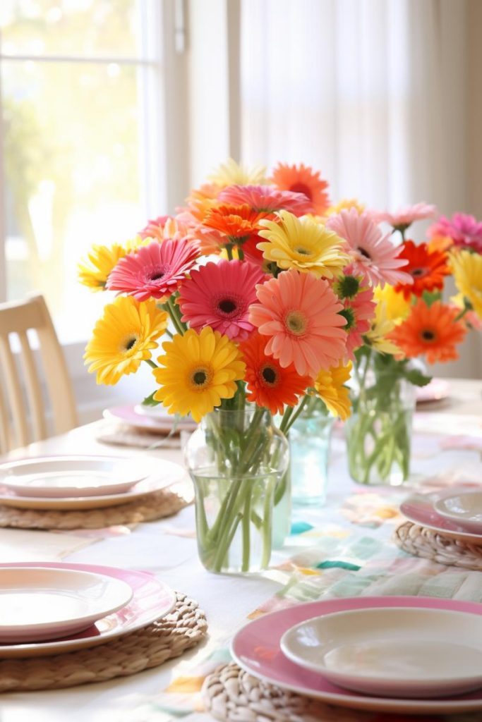 A classic glass vase filled with a lush bouquet of daisies in bold and bright colors placed on a dining table