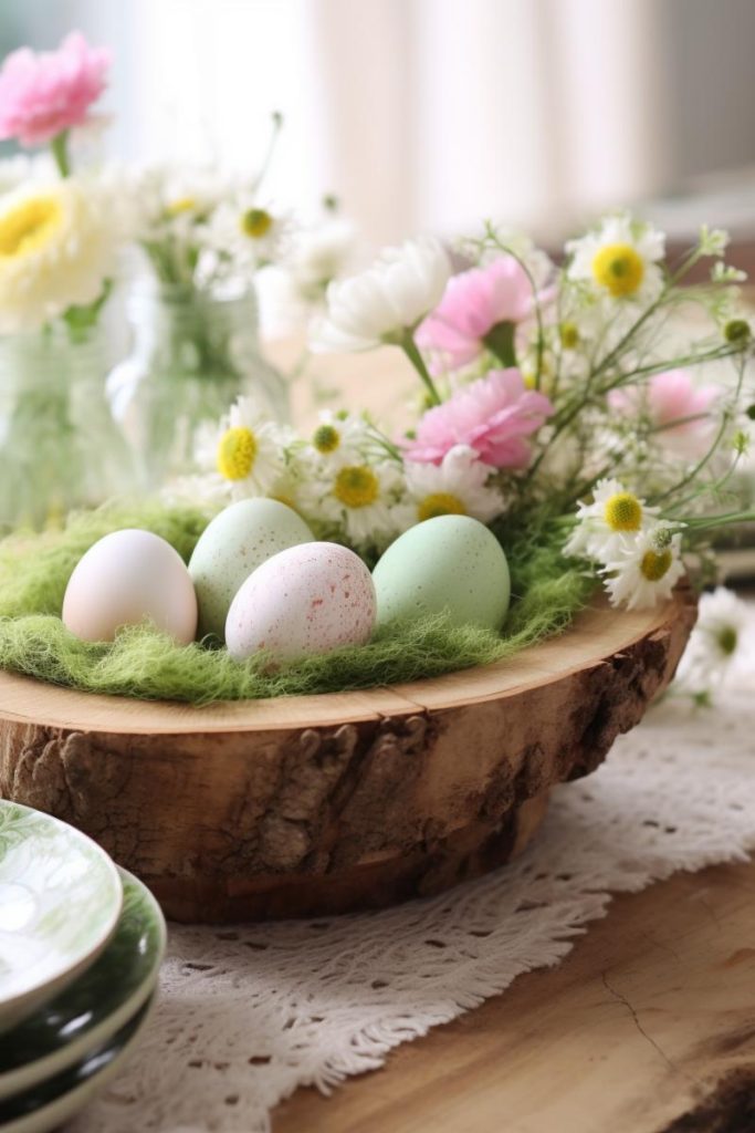 Create a rustic and pretty Easter centerpiece “nest” with this idea, consisting of a low wooden vessel filled with soft moss, white and pink flowers, and pink and green speckled Easter eggs.