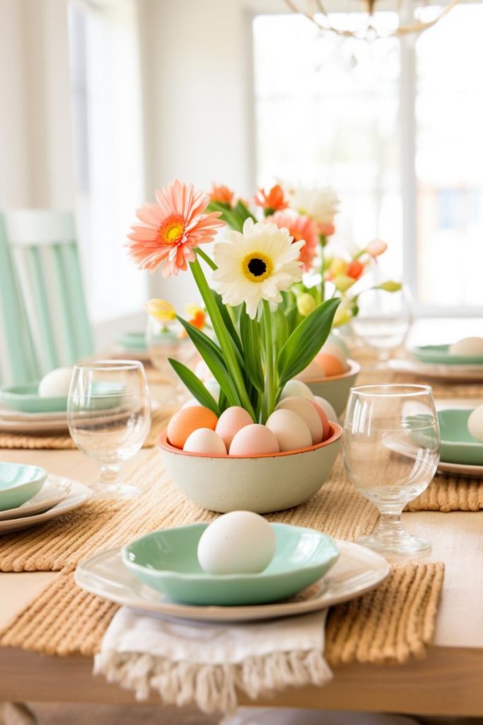 Let your eggs serve as vase fillers, like this super cute Easter centerpiece with bowls filled with peach and white eggs and similarly colored daisies. 