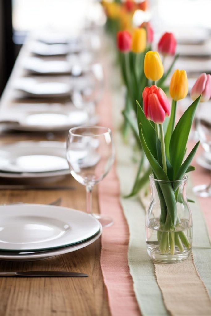 Table with pink, mint and beige table runners and small glasses with three tulip buds.