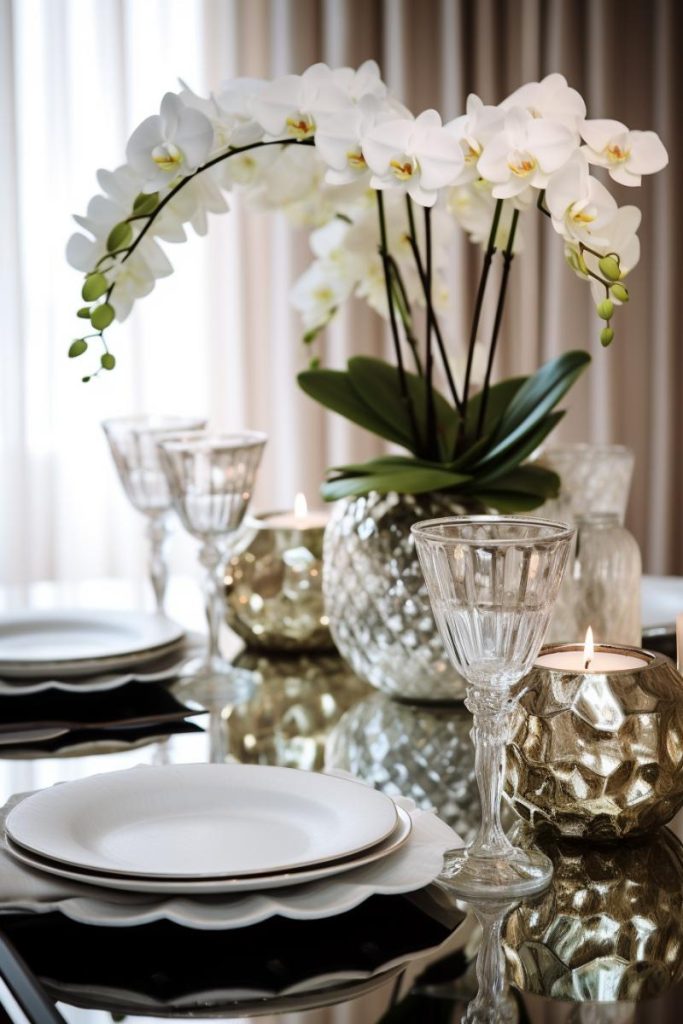 The Easter centerpiece consists of a silver textured round vase with pretty and perfect white orchids.