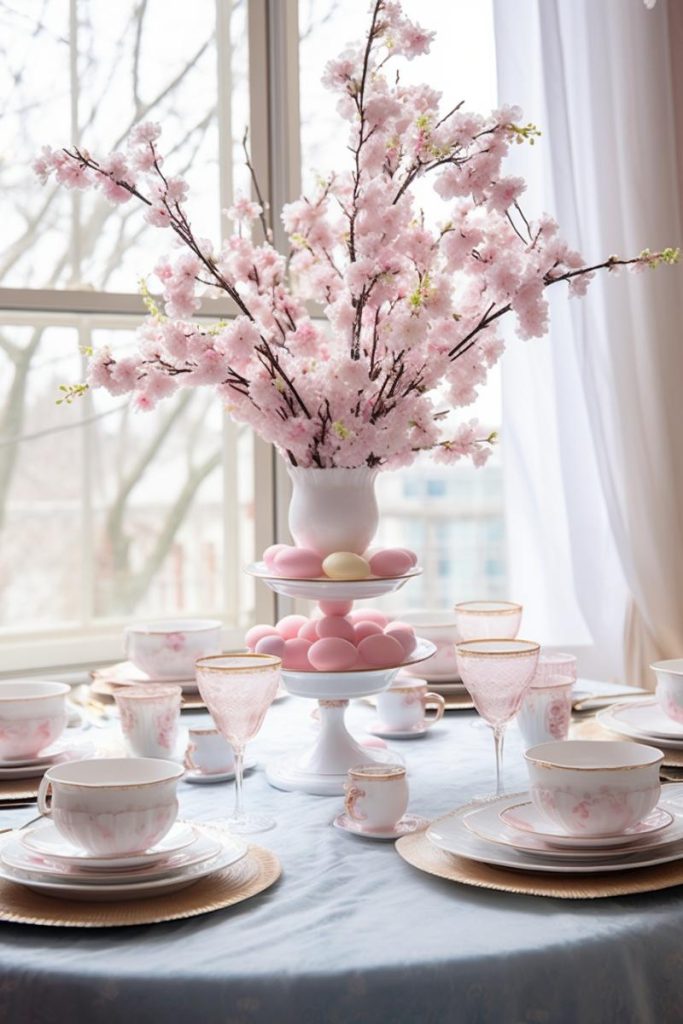 Create a stunning centerpiece using white ceramic centerpieces with beautiful pink eggs and culminating in a small white vase with beautiful cherry blossom stems. It's sure to be the topic of conversation at the table.