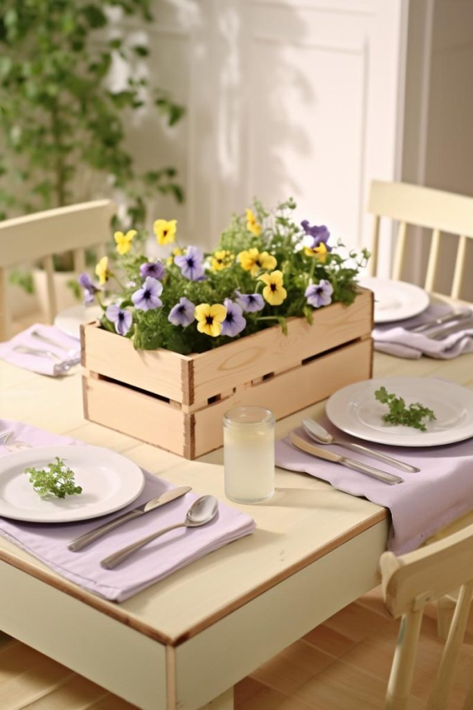 A small table looks even more beautiful with a centerpiece that holds a pretty wooden box filled with purple and yellow pansies and greenery. It's simple but stunning.