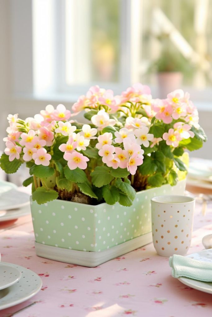 A stunning mint polka dot rectangular container with pale pink and white colored begonias set against a pale pink tablecloth and pastel polka dot china.