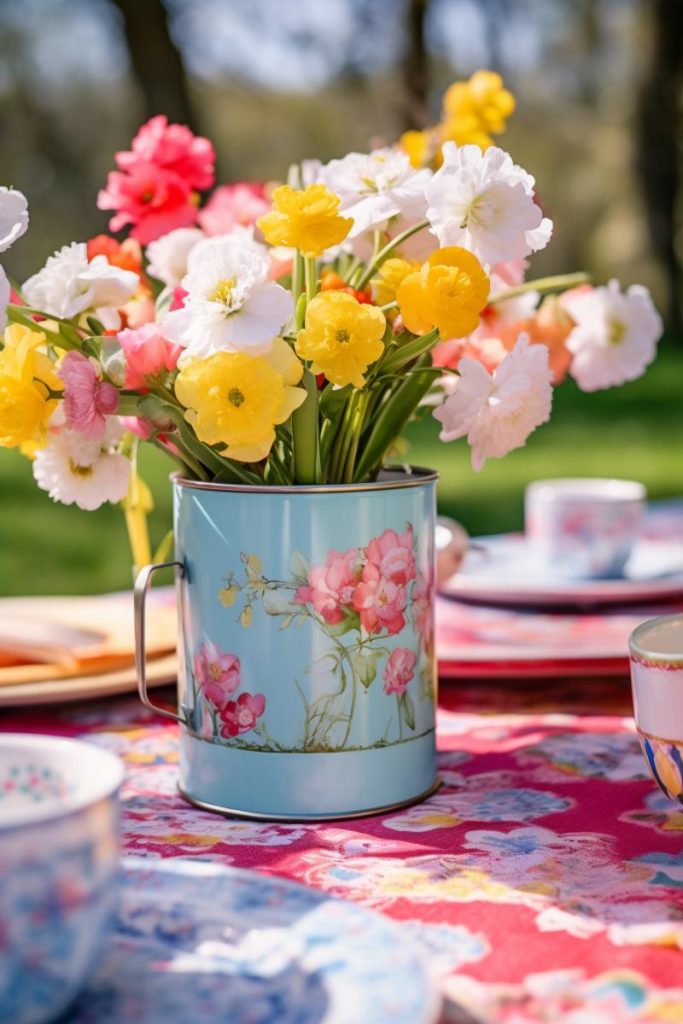 Flowers can really shine in the sun, and this centerpiece showcases this beautifully with colorful daffodils in light blue floral-adorned tin containers.