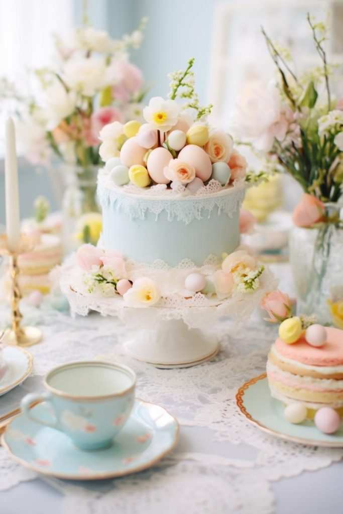 A simple blue cake with Easter eggs and flowers sits on a white dessert table on this white and <a href=