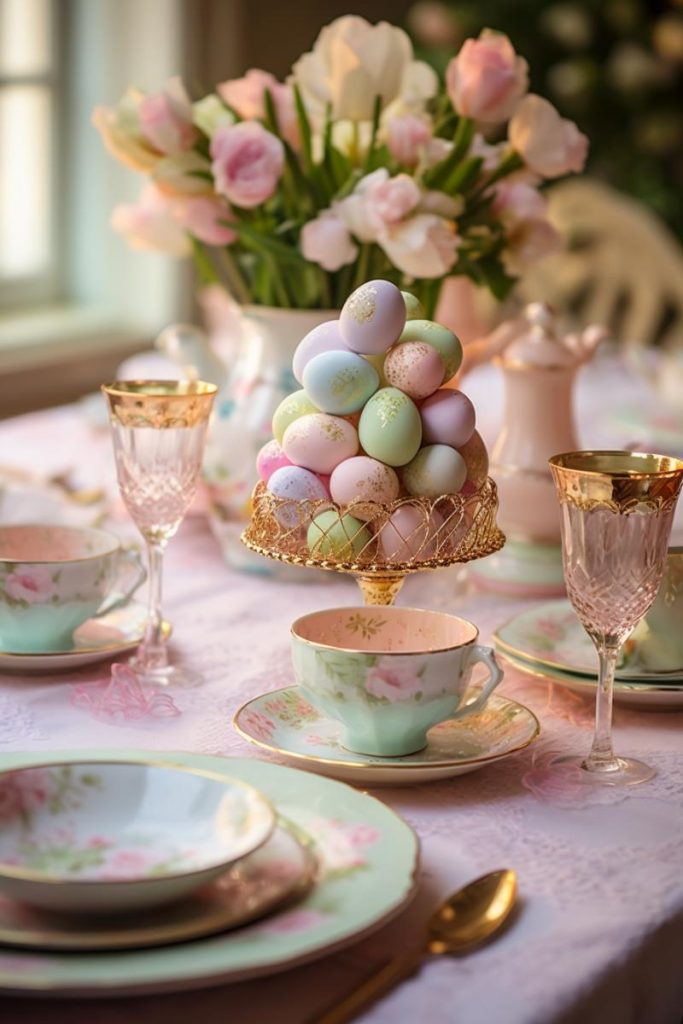 Keep the centerpieces matching by using elaborate gold stands with pastel gold foil Easter eggs and a floral ceramic vase with pink and <a href=