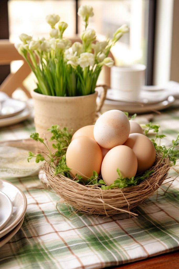 Easter table in brown, green and beige with a small nest in the middle of the table