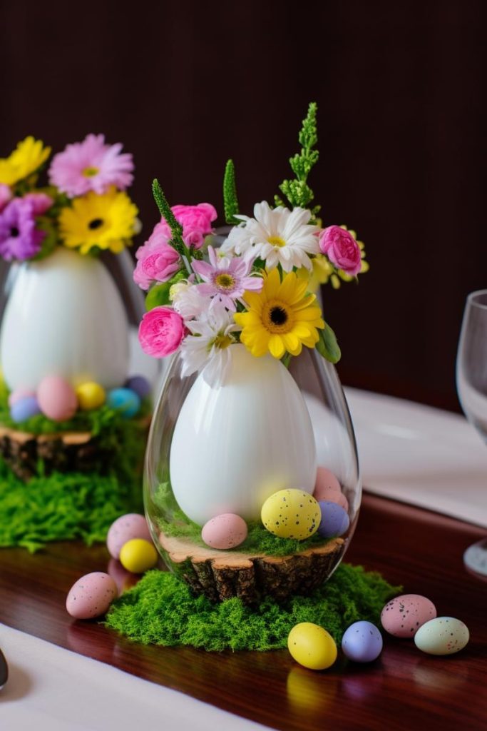 Centerpiece It features a wooden base with a white vase on a bed of moss enclosed in another glass vessel containing short, multi-colored flowers.