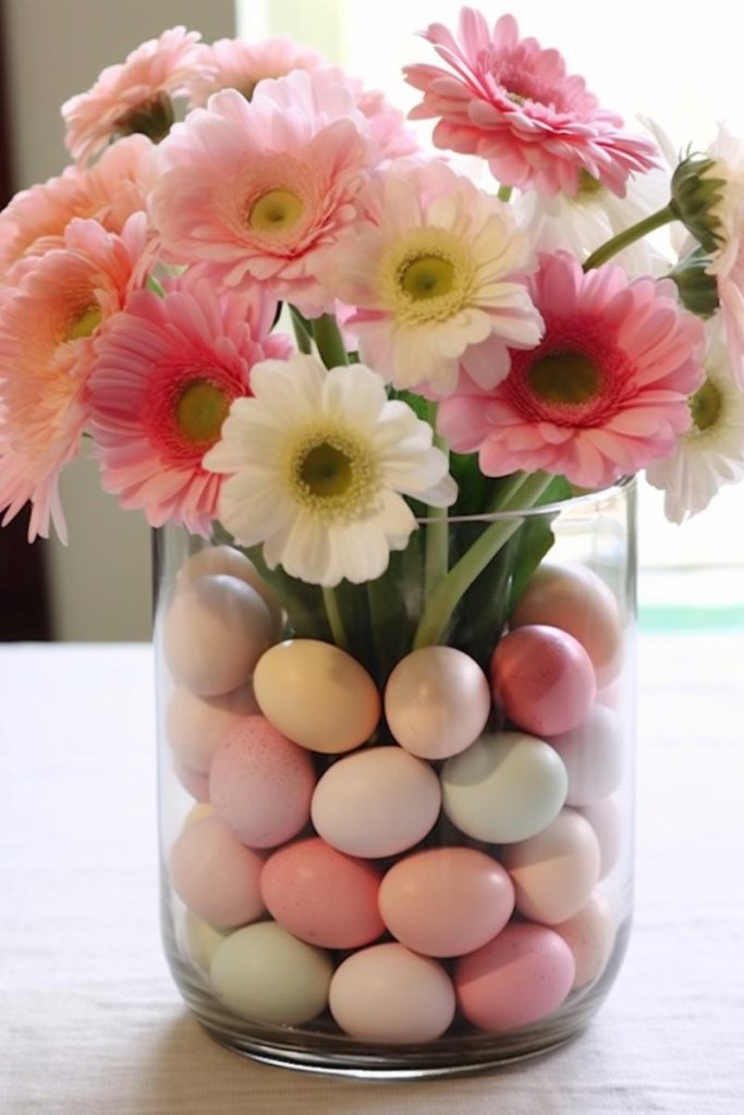 Combine spring-colored candy eggs and pink-and-white gerbera daisies in a small round glass vase. It is a versatile centerpiece that fits different table types.