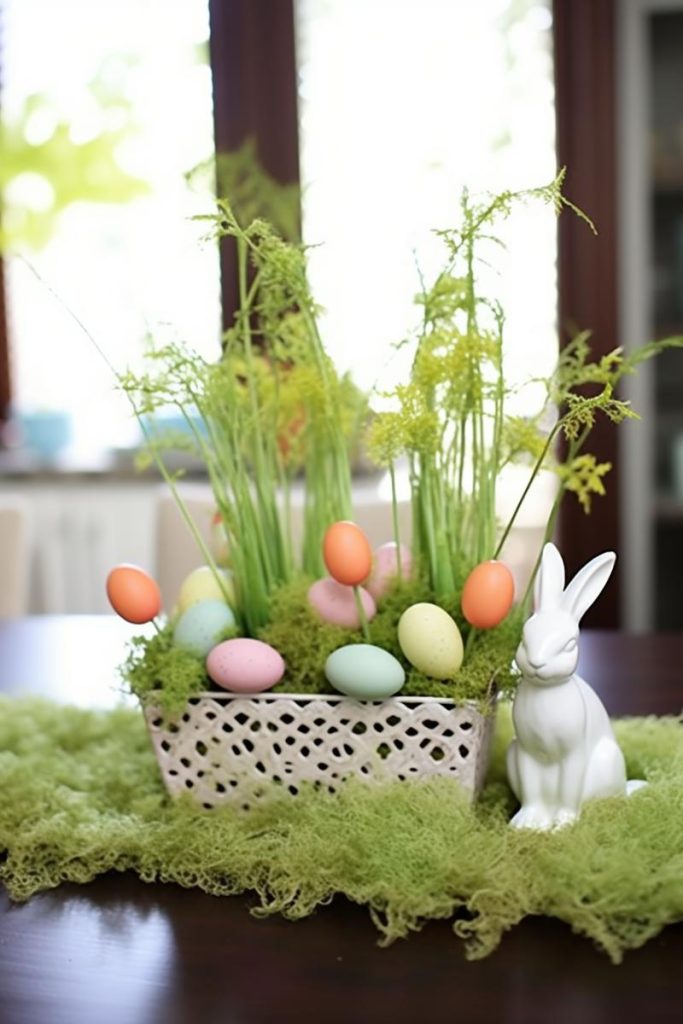 This centerpiece creates a small green grove in a white vessel with Easter eggs scattered throughout and a pretty ceramic bunny accent.