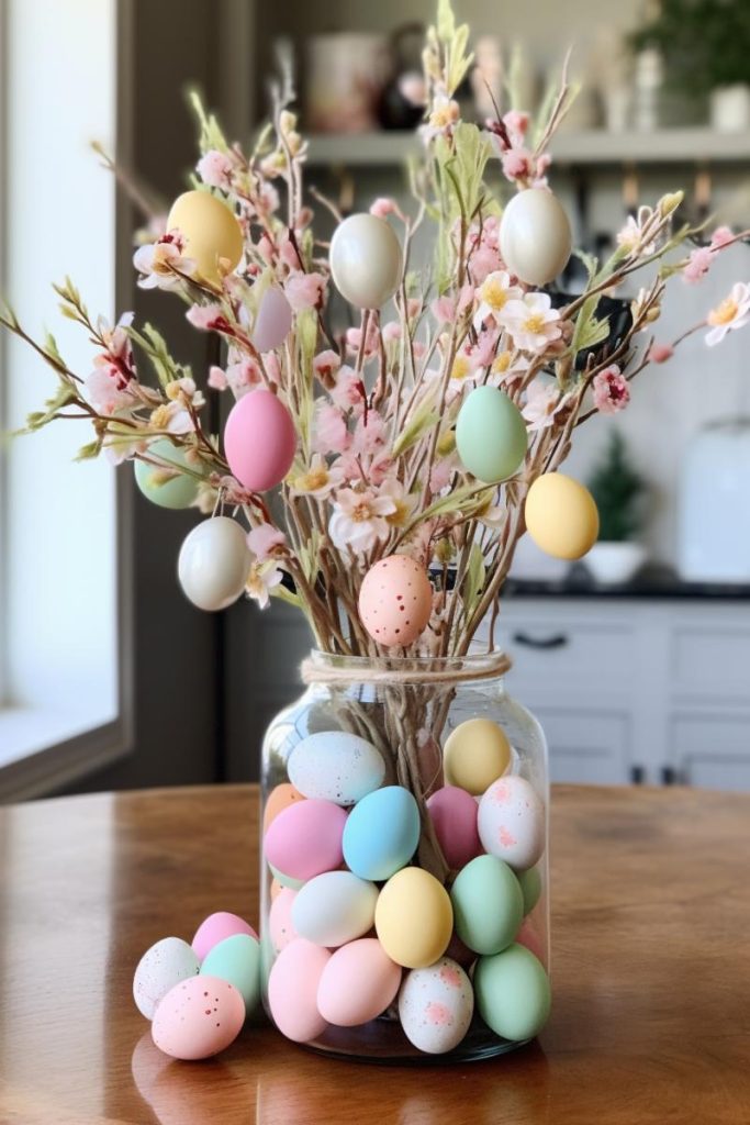 Create an Easter centerpiece by filling glass vases with colorful Easter eggs and flower branches with eggs hanging everywhere.