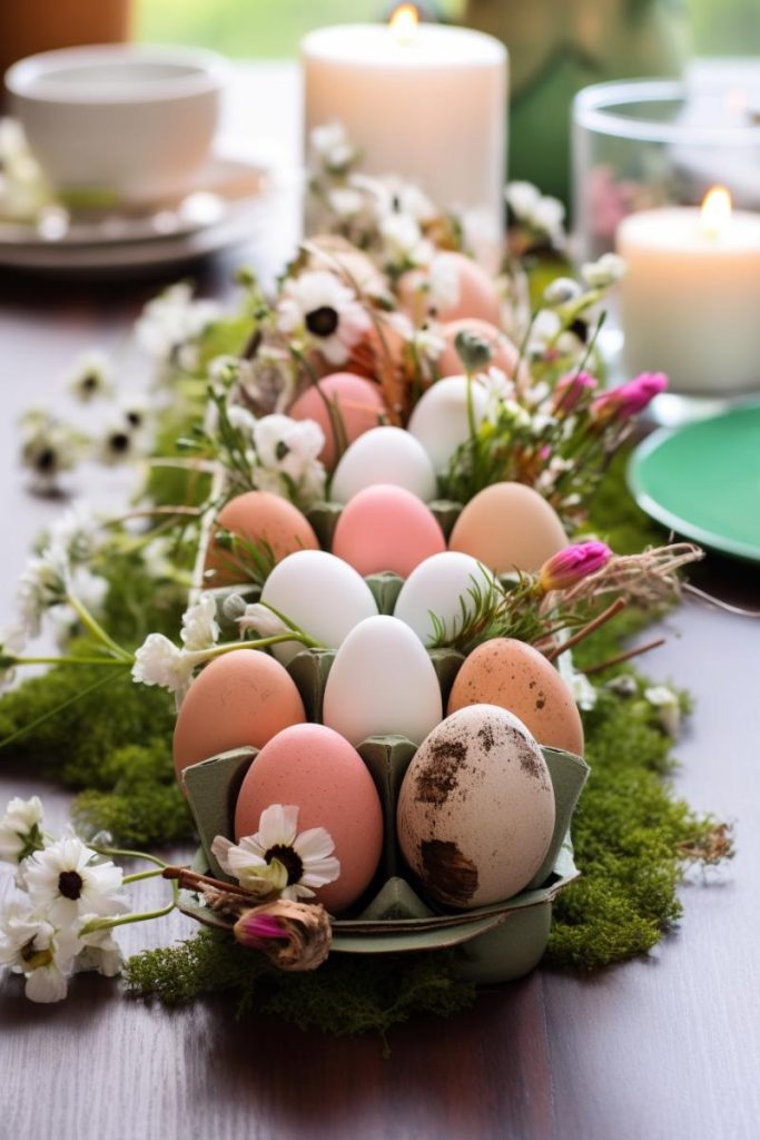 On the table sits a mint green egg carton full of white, pink and black speckled eggs on a bed of moss with floral notes.