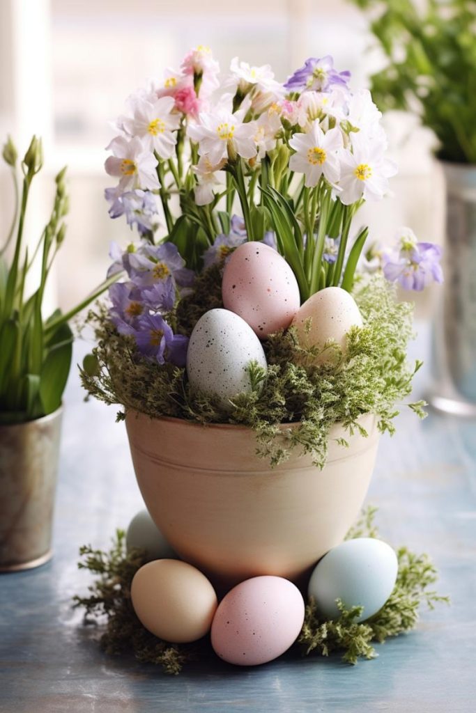 This stunning Easter centerpiece is perfect for the holiday. It features a pot of carefully arranged baby's breath and purple, pink and white daffodil flowers. It features speckled pastel Easter eggs and is placed on a moss base.