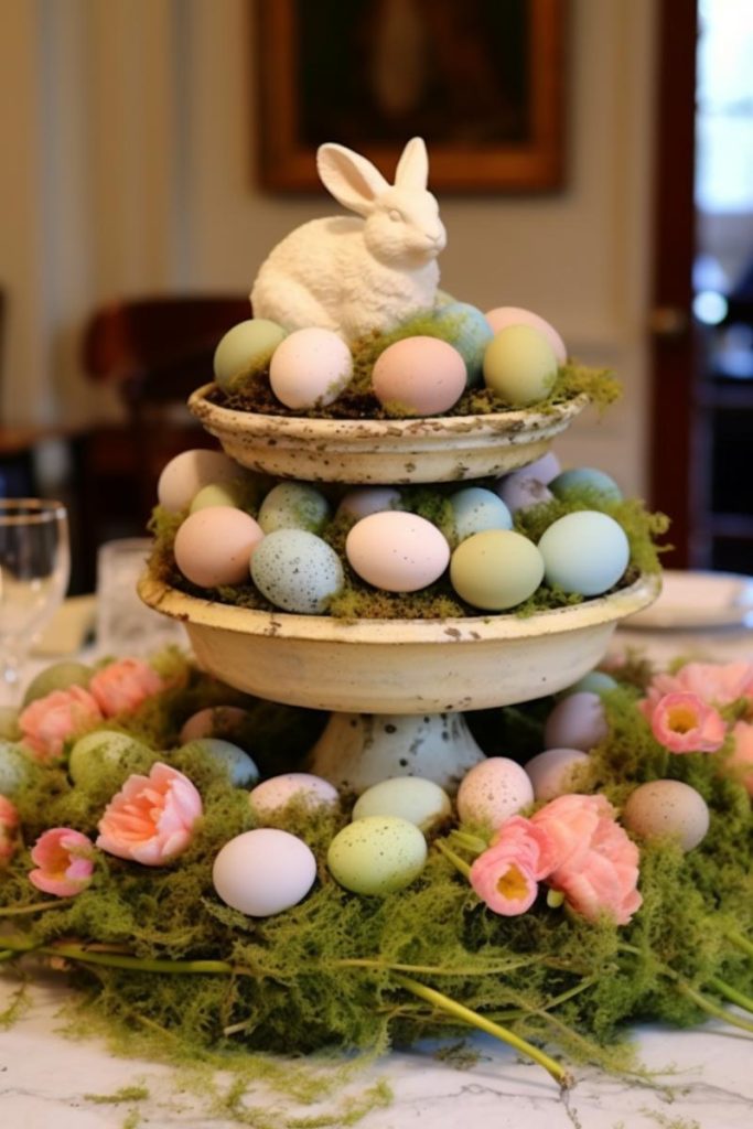 Easter bunny home decoration with moss nest at the bottom with flowers and speckled eggs