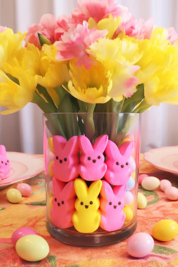 Decorate your centerpieces with fun Easter treats by using a clear glass jar, bordering with pink and yellow bunny Peeps and colorful chocolate eggs, and finishing with fresh pink and yellow flowers