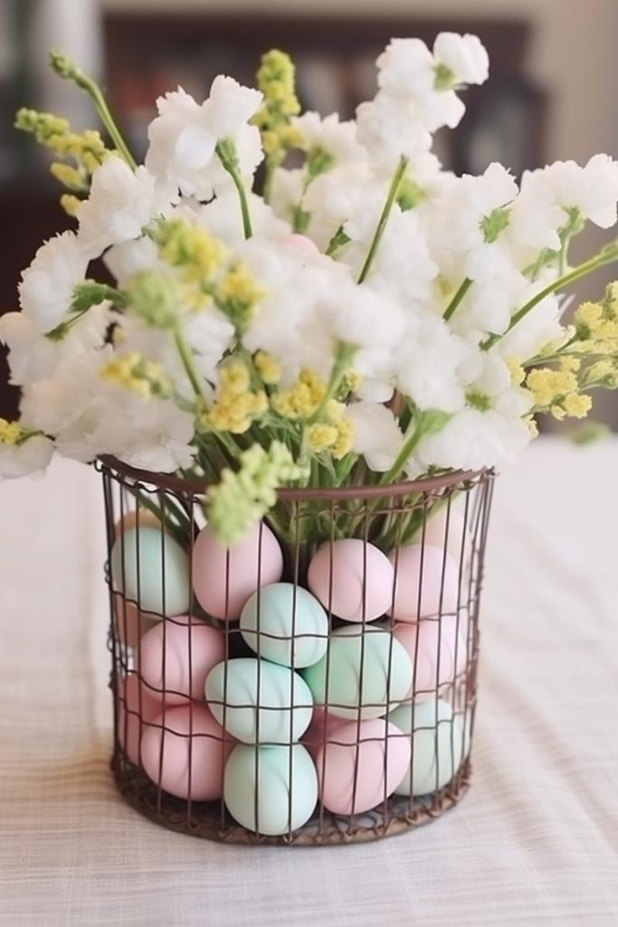 Keep things simple but beautiful with a small copper vase filled with pastel mini Easter eggs and pretty white flowers.