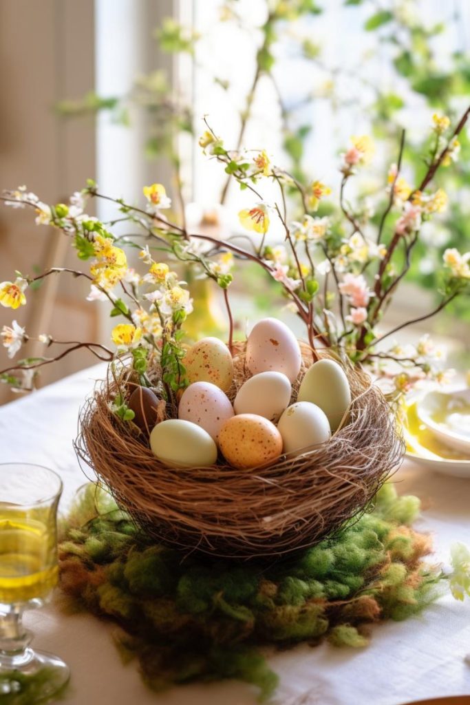 Bird's nest centerpiece with painted eggs and a small nest resting on soft greenery and filled with speckled eggs and sprigs of dainty flowers.