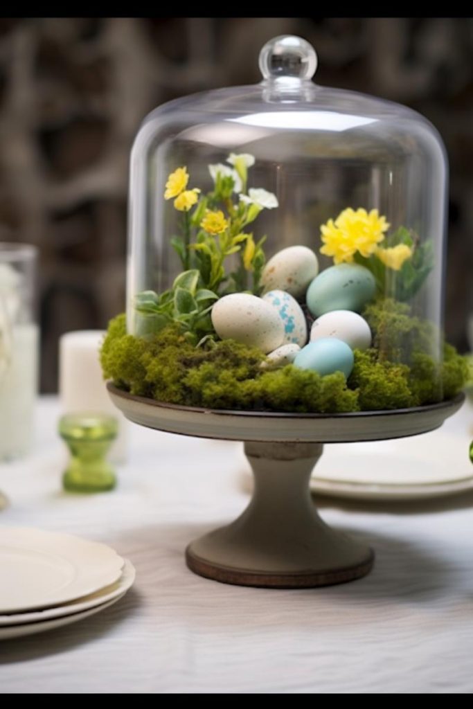 This beautiful idea consists of a cream cake topper covered with light moss, housing several colorful eggs and small flowers and covered with a glass dome. 