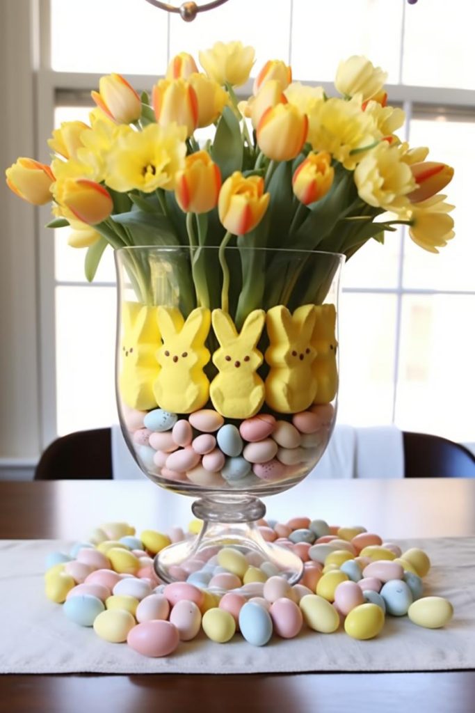 Set up a large glass vase and line the bottom with cute Easter eggs and bright yellow Peeps, as well as a vase full of bright yellow tulips and daffodils