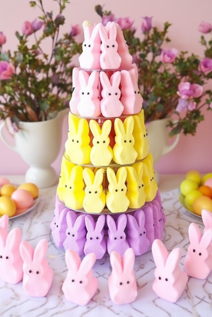 Those with a sweet tooth will love this candy tower filled with colorful Bunny Peep and accented with white vases full of purple flowers and plates filled with bright Easter eggs.