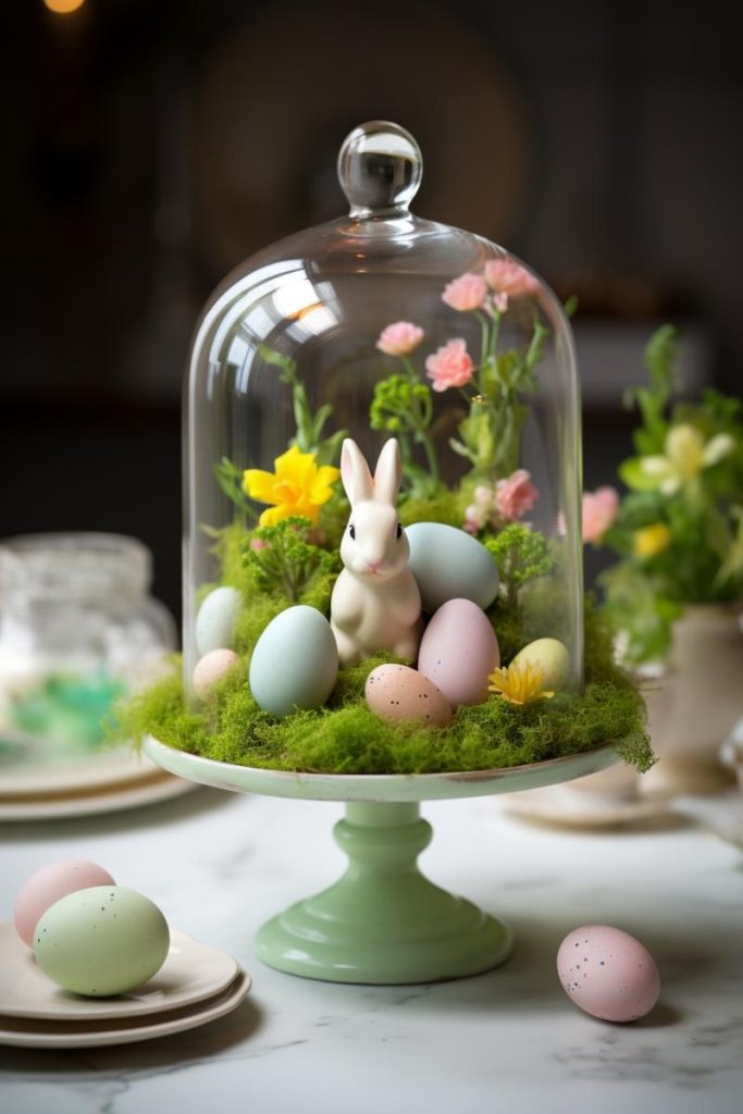 Easter bunny at home on a mint green cake stand with green moss, flowers of different heights, leaves and a selection of different colored Easter eggs.