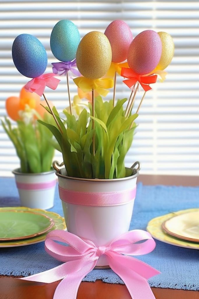 These fun pieces feature white tin buckets, pink ribbons with faux green leaves, and a fun bouquet of perfectly glittery Styrofoam eggs on wooden sticks with pretty ribbon accents.