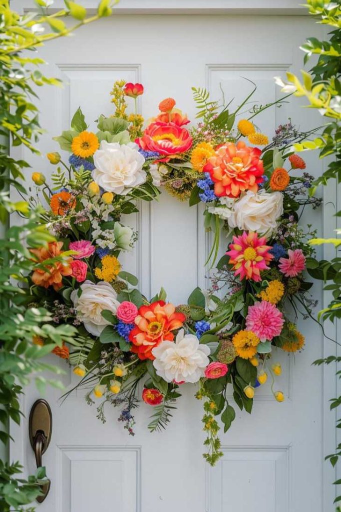 A white door decorated with a bright floral wreath with an assortment of colorful blooms including orange, pink, yellow and <a href=