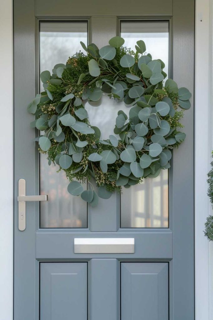 A green wreath made of eucalyptus leaves hangs on a light gray front door with a mail slot and frosted glass panels.