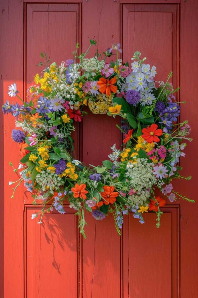 A colorful floral wreath with different types of flowers hangs on a red wooden door.