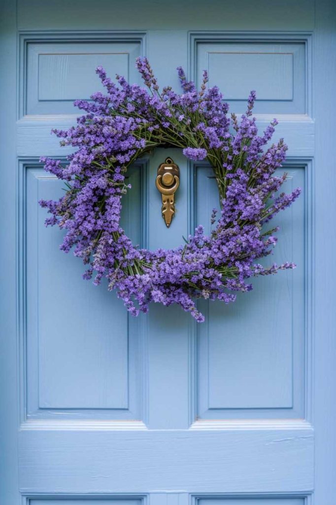 A purple floral wreath hangs on a light blue paneled door with a brass door knocker in the center.