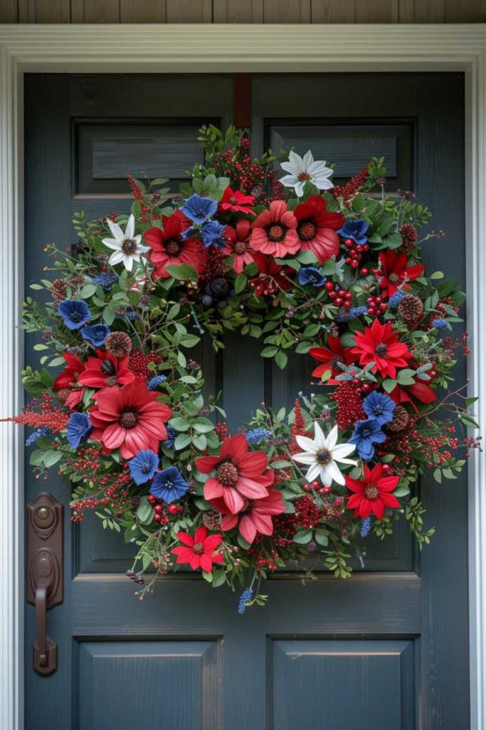 A dark green door decorated with a wreath of red, blue and white flowers as well as green foliage and small red berries. The wreath surrounds the upper half of the door handle.