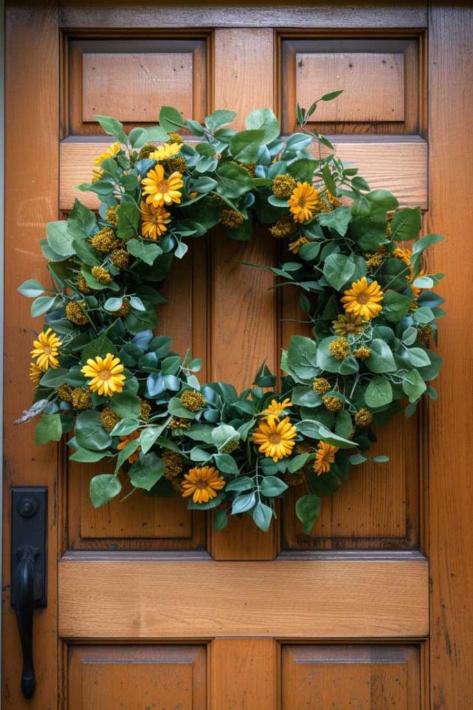 A wooden door with a wreath of green leaves, yellow flowers and small brown buds hanging on it.