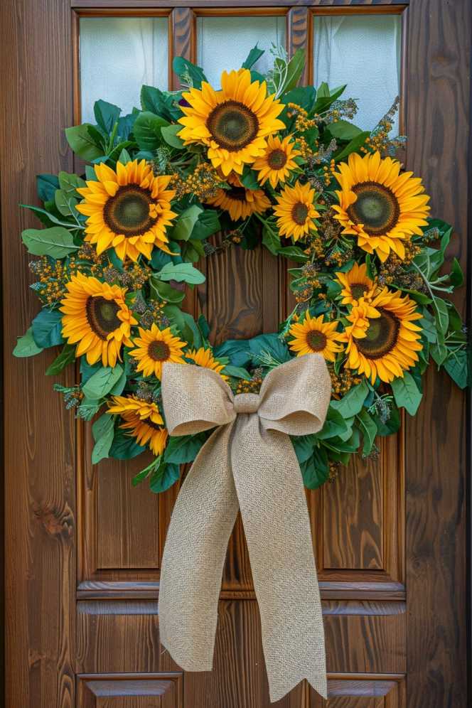 A wreath of bright sunflowers and green foliage hangs on a wooden door, decorated with a large beige bow.