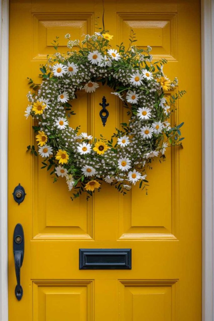 A yellow door with a black handle and mail slot, decorated with a wreath of white and yellow flowers.