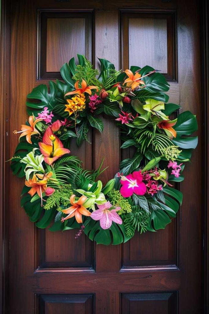 A colorful tropical wreath with various colorful flowers and green leaves hangs on a wooden door.