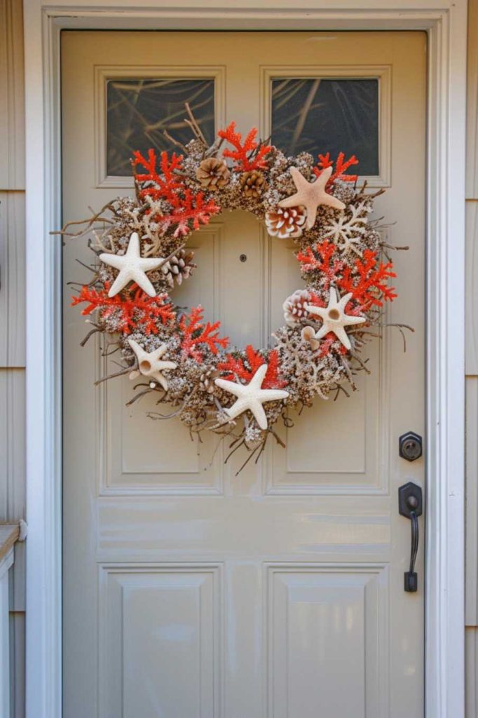 Front door with a wreath of starfish, pine cones and red coral decorations.