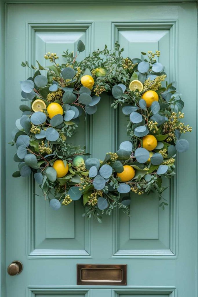 On a green door, a wreath of green leaves, yellow lemons and small yellow berries hangs above a brass mail slot.