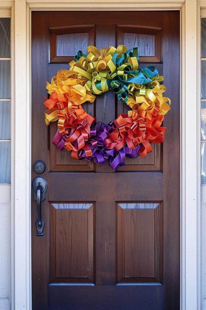 A dark wooden door decorated with a colorful wreath of bows arranged in a gradient pattern from yellow at the top to purple at the bottom. The door also has a black door handle and lock.